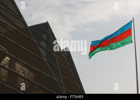 A general view of the outside of the Crystal Hall, with the flag from the National Flag Square in the background. Baku2015. 1st European Games. Baku. Azerbaijan. 17/06/2015. Stock Photo