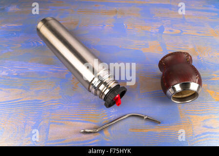 Mate drinking equipment on a rustic wooden table Stock Photo