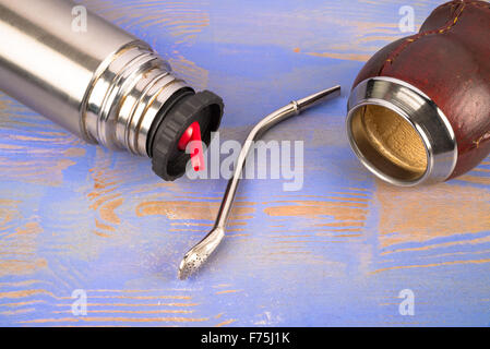 Mate drinking equipment on a rustic wooden table Stock Photo