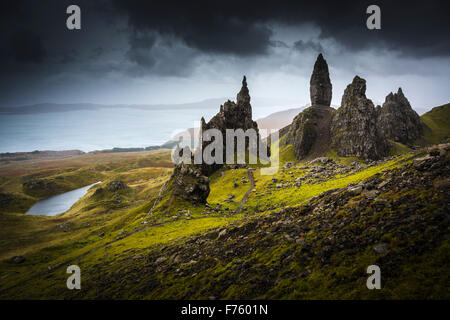 Dark rain clouds over The Old Man of Storr, Trotternish peninsular, Isle of Skye, Scotland Stock Photo