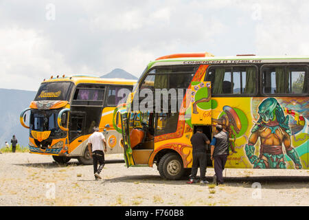 Buses in Bolivia painted with alsorts of colourful characters. Stock Photo