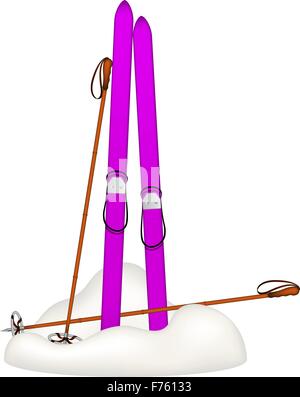 Old wooden skis and old ski poles standing in snow Stock Vector