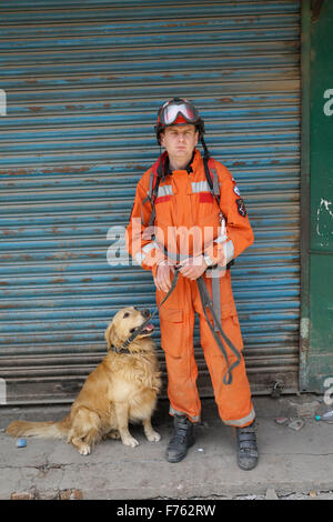 Earthquake, Earthquake Nepal, Earthquake 2015, Gorkha Earthquake, Poland man dog, Kathmandu, Nepal, Asia Stock Photo