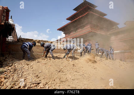 Army and police personnel clear debris, earthquake, nepal, asia Stock Photo