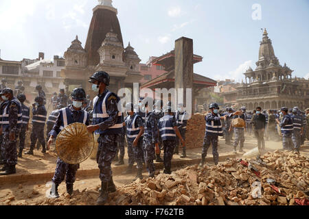 Army and police personnel clear debris, earthquake, nepal, asia Stock Photo