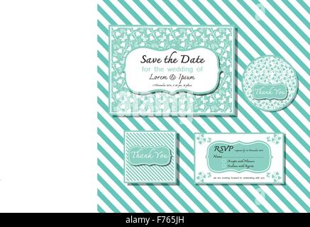 Save the date pastel green card wedding invitation set design with flower pattern Stock Vector
