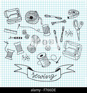 sewing doodle illustration on blue grid background Stock Vector