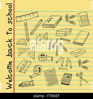 Welcome Back to school doodle illustration on yellow note paper Stock Vector
