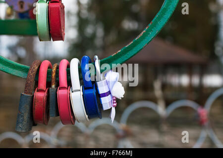 Different wedding padlocks hanging on green metal arc Stock Photo