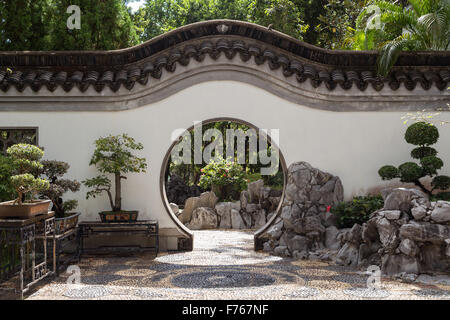 Bonsai trees and Chinese style round doorway at the Kowloon Walled City Park in Hong Kong, China. Viewed from the front. Stock Photo