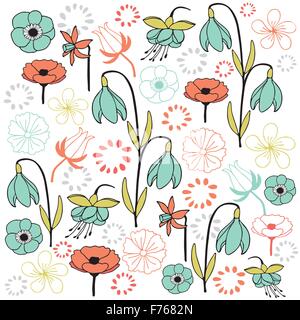 flower and leaf hand drawn sketch doodle illustration pastel color Stock Vector