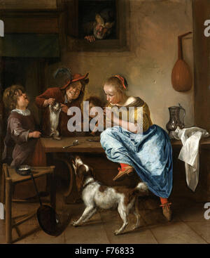 Jan Steen - Children Teaching a Cat to Dance, Known as ‘The Dancing Lesson’ Stock Photo