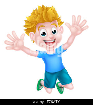 A happy cartoon boy kid jumping for joy. Stock Photo