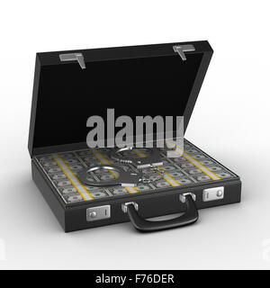 Criminal money in suitcase. Isolated 3D image Stock Photo