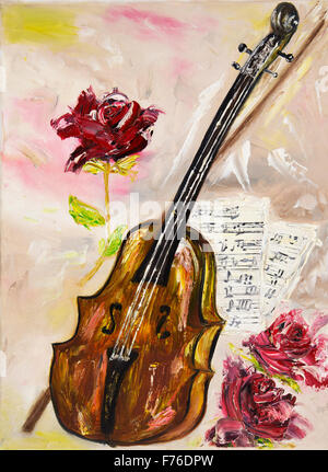 Original oil painting showing a violin. roses and music sheets on canvas.Musical theme.Modern Impressionism,  modernism, marinis Stock Photo