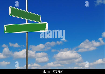 Blank Green Street Name Signs Agains a Bright Blue Sky Stock Photo