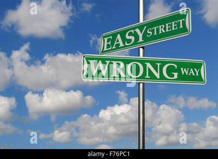 Street Signs With Easy Street and Wrong Way Stock Photo