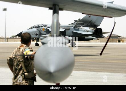 Mazar-e-Sharif, Afghanistan. 01st July, 2008. A German Bundeswehr Quick Reaction Force (QRF) reconnaissance jet Tornado seen on camp Marmal near Mazar-e-Sharif, Afghanistan, 01 July 2008. German Bundeswehr took over Quick Reaction Force duties from Norway on 01 July 2008. The manoeuvre was its first official act. Photo: Maurizio Gambarini/dpa/Alamy Live News Stock Photo