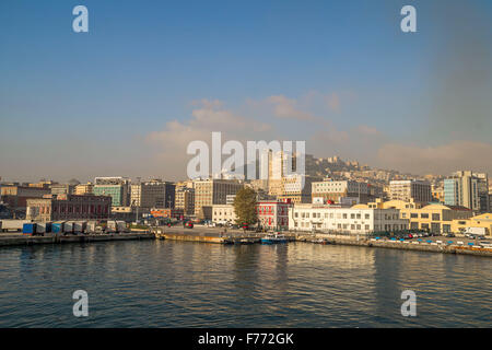 Morning view of harbor of Naples. Pollution and smog alert over the ...