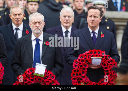 The Leader of the Opposition, Jeremy Corbyn and the Prime Minister, David Cameron. Behind them Tony Blair and John Major Stock Photo