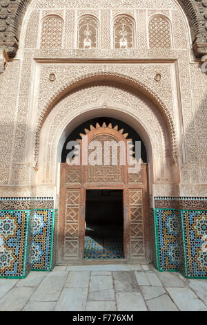 Richly decorated portal, Medersa Ali Ben Youssef , Marrakech, Morocco Stock Photo