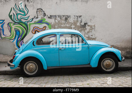 RIO DE JANEIRO, BRAZIL - OCTOBER 22, 2015: Classic bright blue Volkswagen Type 1 Beetle, known locally as a Fusca, on the street Stock Photo