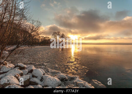 Pereslavl-Zalessky, Russia - November 26, 2015: November evening overlooking Pleshcheevo lake. Stock Photo
