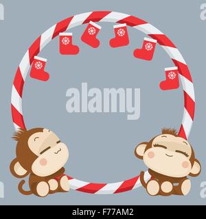 Cute lovely monkey couple. Happy New Year 2016. Vector Illustration Stock Vector