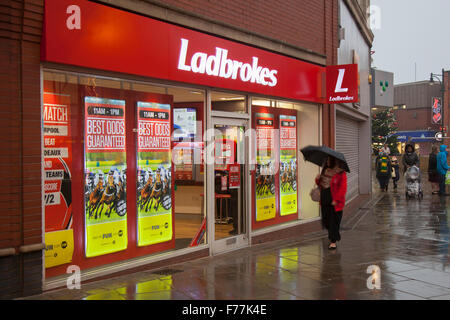 Ladbrokes,  bookmaker, bookie, or turf accountant  Betting shop, Bookmakers 8 Market St ,Blackburn town centre with Darwen, Lancashire UK Stock Photo