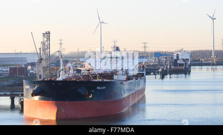 North Sea, Felicity crude oil tanker in Rotterdam harbour at sunrise with shipping, bulk containers tugs