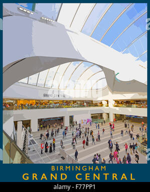 A poster style illustration from a photograph of Birmingham's Grand Central shopping center, Birmingham, England, UK Stock Photo