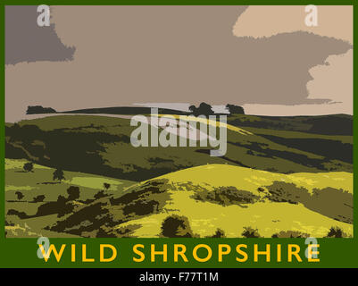 A poster style illustration from a photograph of the Shropshire Hills in evening light, Long Mynd, Shropshire, England, UK Stock Photo