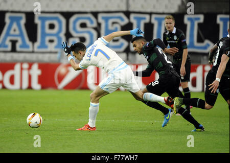 Marseille, France. 26th Nov, 2015. Europea League group stages. Marseille versus Gronigen. Ocampos (OM) breaks with the ball Credit:  Action Plus Sports/Alamy Live News Stock Photo