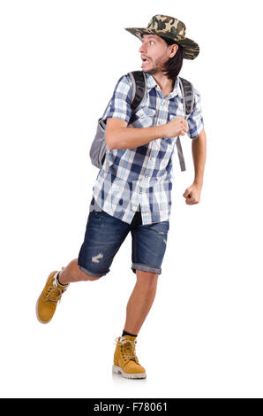 Running young traveller with backpack isolated on white Stock Photo