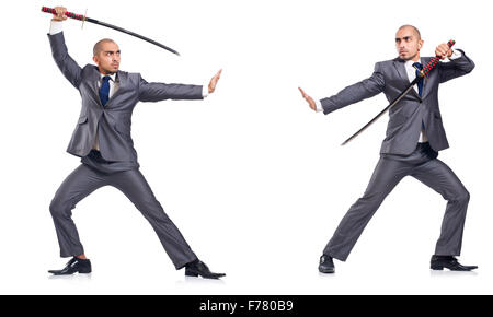 Two men figthing with the sword isolated on white Stock Photo