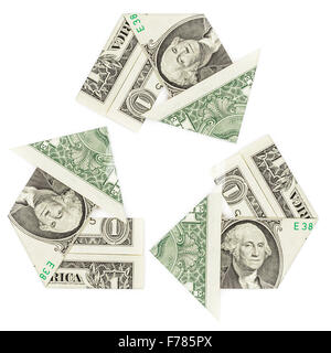One dollar bills in a recycle symbol isolated on white background. Concept of revenue, reinvest, return. Stock Photo