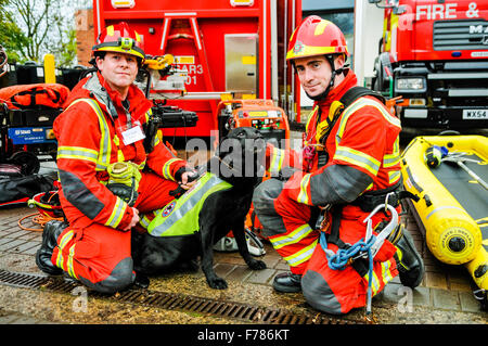 Northern Ireland. 26th November, 2015. Officers from the Northern Ireland Fire and Rescue Service Enhanced Capability Unit, trained in rescuing people from hazardous situations such as dangerous buildings, heights, and water, with 'Sam' one of their rescue dogs. Credit:  Stephen Barnes/Alamy Live News