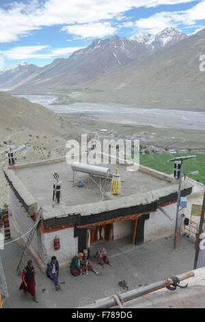 Key Monastery (or Kee, Ki, Kye), Spiti Valley - rooftop view of the Spiti river valley and snow capped peaks of the Himalayas Stock Photo