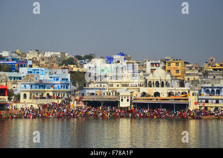 India. 25th Nov, 2015. Thousands of devotees and saints from different parts of the country took a dip in the holy waters of Pushkar Lake as part of the 'maha snan' (big bath) on the fourteenth day of Kartik month as per the Hindu calendar. © Shaukat Ahmed/Pacific Press/Alamy Live News Stock Photo