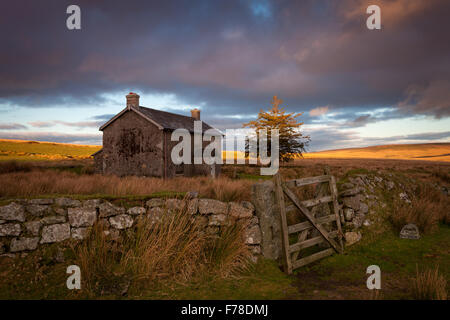 Old farmhouse on Dartmoor National Park, Devon, UK as the sun sets below the hill behind, surrounded by an old stone wall. Stock Photo