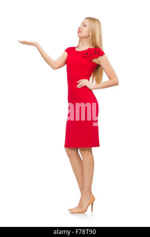 Blond woman in scarlet dress isolated on white Stock Photo