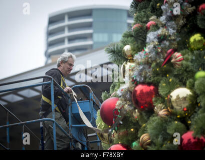 Seattle, Washingtion, USA. 23rd Nov, 2015. Workers assembled Seattle's Christmas tree outside Westlake Center Mall in the downtown on Monday afternoon in preparation for the city's tree lighting ceremony scheduled for Friday, November 27th. Seattle's tree lighting ceremony, held along Pine St. between 4th and 5th Avenues is the traditional start to the holiday season in Seattle. © David Bro/ZUMA Wire/Alamy Live News Stock Photo