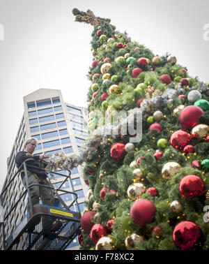 Seattle, Washingtion, USA. 23rd Nov, 2015. Workers assembled Seattle's Christmas tree outside Westlake Center Mall in the downtown on Monday afternoon in preparation for the city's tree lighting ceremony scheduled for Friday, November 27th. Seattle's tree lighting ceremony, held along Pine St. between 4th and 5th Avenues is the traditional start to the holiday season in Seattle. © David Bro/ZUMA Wire/Alamy Live News Stock Photo