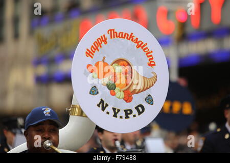 New York City, United States. 26th Nov, 2015. Sousaphone bell from NYPD marching band. The 89th annual Macy's Thanksgiving Day parade attracted hundreds of thousands of spectators in spite of threats of possible terrorist action. Credit:  Andy Katz/Pacific Press/Alamy Live News Stock Photo
