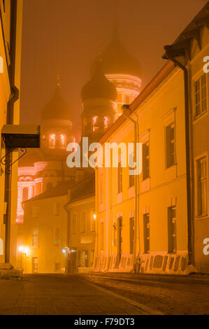 Alexander Nevsky Cathedral illuminated by night in heavy fog, Tallinn, Estonia Stock Photo