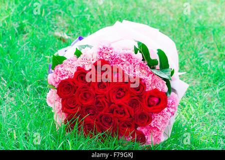 Red roses and pink carnation on grass green Stock Photo