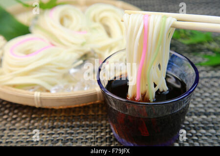 Hiyamugi (Japanese coold noodle) in dipping sauce Stock Photo