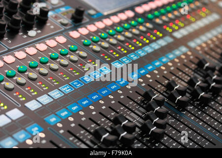 Close up view of sound mixing console. Selective focus. Stock Photo