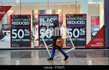 Brighton, Sussex, UK. 27th November, 2015. Black Friday shopping signs in store windows in Brighton early this morning  Black Friday is the traditional bargain priced shopping day originating from the USA where it is held in stores the day after Thanksgiving Stock Photo
