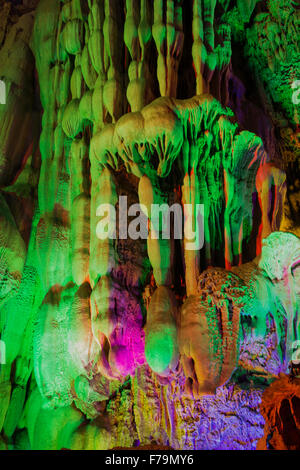 Reed Flute Caves - lit by coloured lights Guilin Region Guangxi, China LA008174 Stock Photo